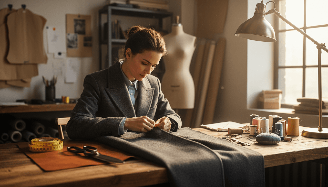 Tailor hand-stitching garment on workbench with tools nearby