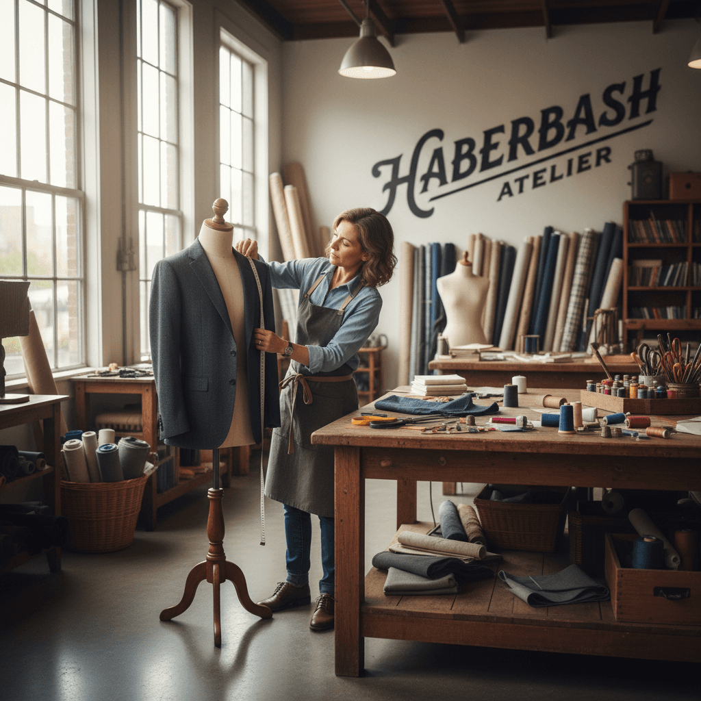 Tailor measuring a suit jacket on a mannequin in a bright workshop with tools and fabric rolls nearby